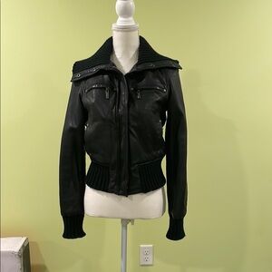 Black Leather Cropped Bomber Jacket